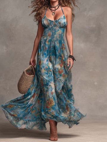 Bohemian Spaghetti Strap Smocked Floral Maxi Dress