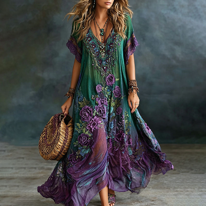 Women's Vintage Romantic Floral Art Linen Blend V Neck Maxi Dress