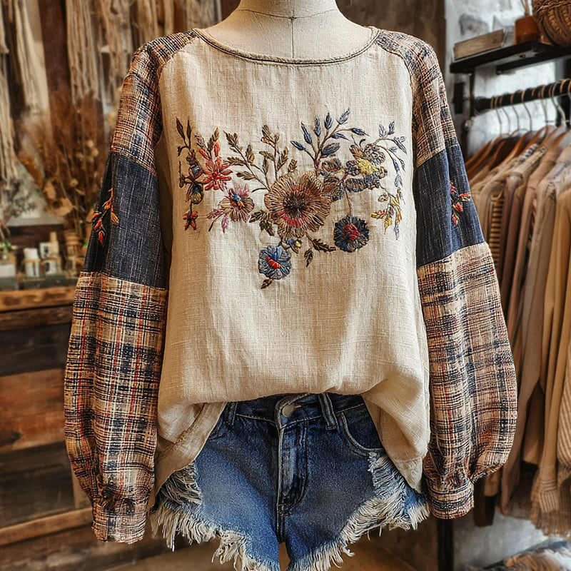 Retro Boho Floral With Plaid Patchwork Pattern Women's Top