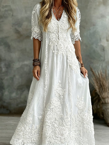 Women's Vintage White Rose Floral Art Linen Blend V Neck Maxi Dress
