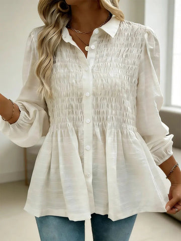 Women's Retro Pleated Art Lapel Casual Stylish Long Sleeve Cotton Shirt