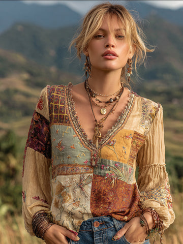 Vintage Bohemian Floral Embroidery Patchwork Long Sleeve Top