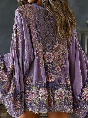 Women's Retro Spring Floral Roses Embroidered Art Print Flowy Linen Blend Kimono