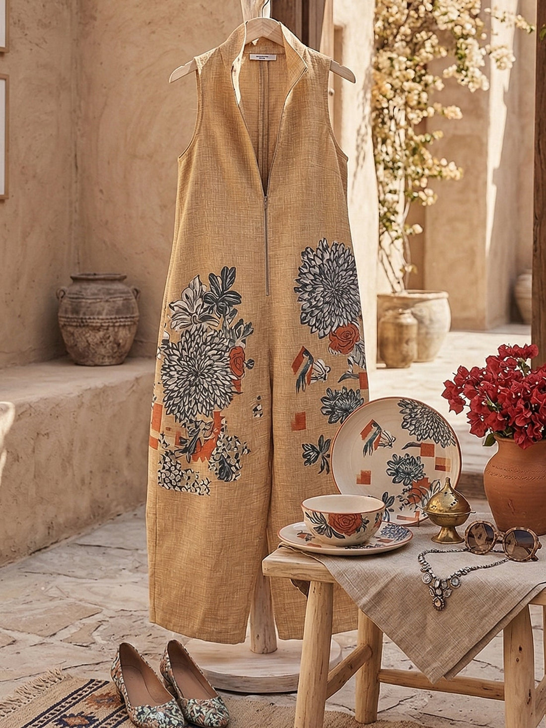 Retro Floral Print Zip-front Wide-leg Cotton-linen Jumpsuit