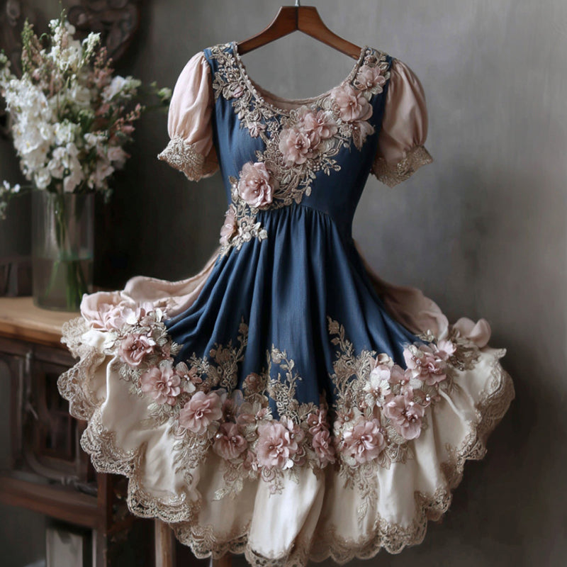 Women's Vintage Floral Embroidery Color Block Short-sleeve Long Dress