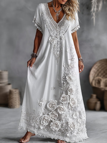 Women's Vintage White Rose Floral Art Linen Blend V Neck Maxi Dress
