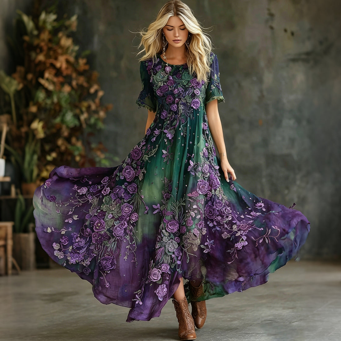 Women's Vintage Floral Gradient Art Flowy Casual Maxi Dress