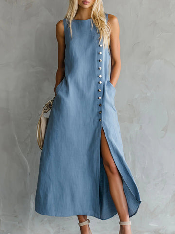 Women's Solid-color Round-neck Sleeveless Loose-fit Cotton-linen Casual Dress