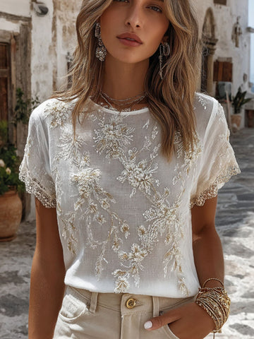 Women's Floral Embroidery Casual Cotton Linen Round Neck Short Sleeve T-shirt