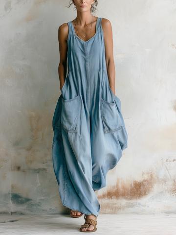 Vintage Washed Denim Sleeveless Jumpsuit