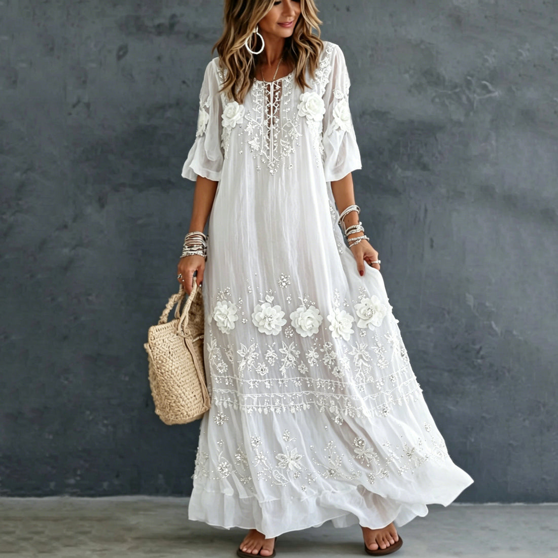Women's Vintage Romantic White Floral Art Linen Blend Round Neck Maxi Dress
