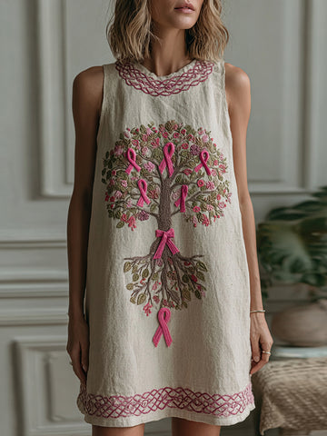 Women's Tree Of Life Pink Ribbon Embroidery Round Neck Vest Mini Dress