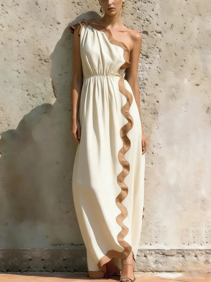 Women's Striped Lace-decorated One-shoulder Dress