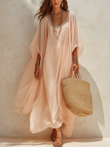 Nude Pink Sequined Chiffon Maxi Dress