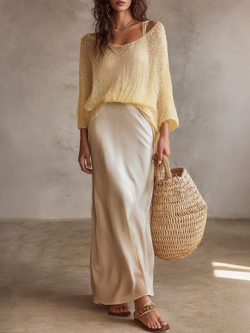 Relaxed Textured Knit Top & Satin Dress Set