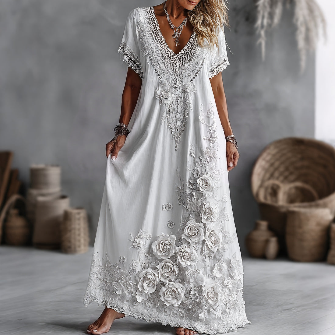 Women's Vintage White Rose Floral Art Linen Blend V Neck Maxi Dress