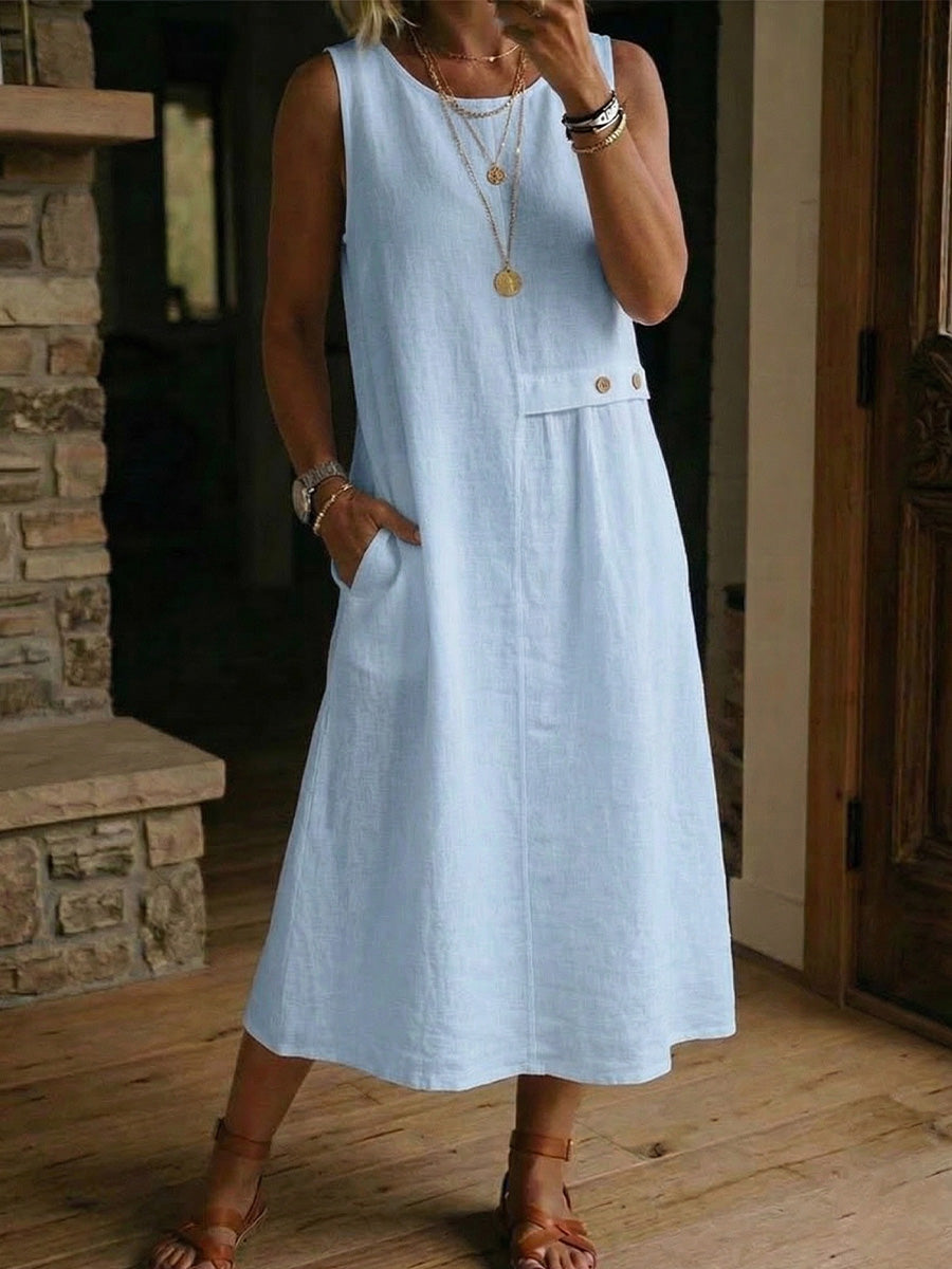 Women's Round-neck Buttons Cotton-linen Dress
