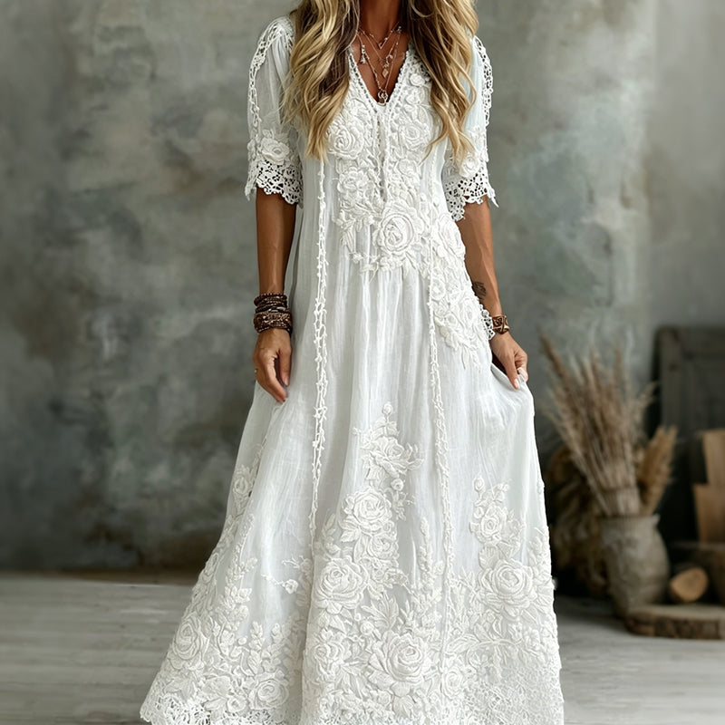 Women's Vintage White Rose Floral Art Linen Blend V Neck Maxi Dress