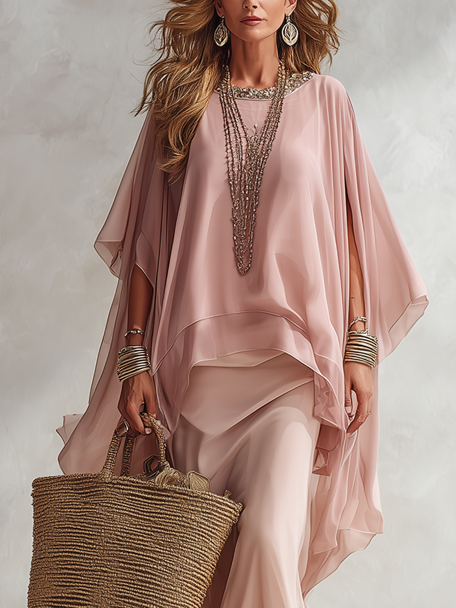 Smoky Pink Chiffon Flowy Batwing Sleeve Top And Skirt Set