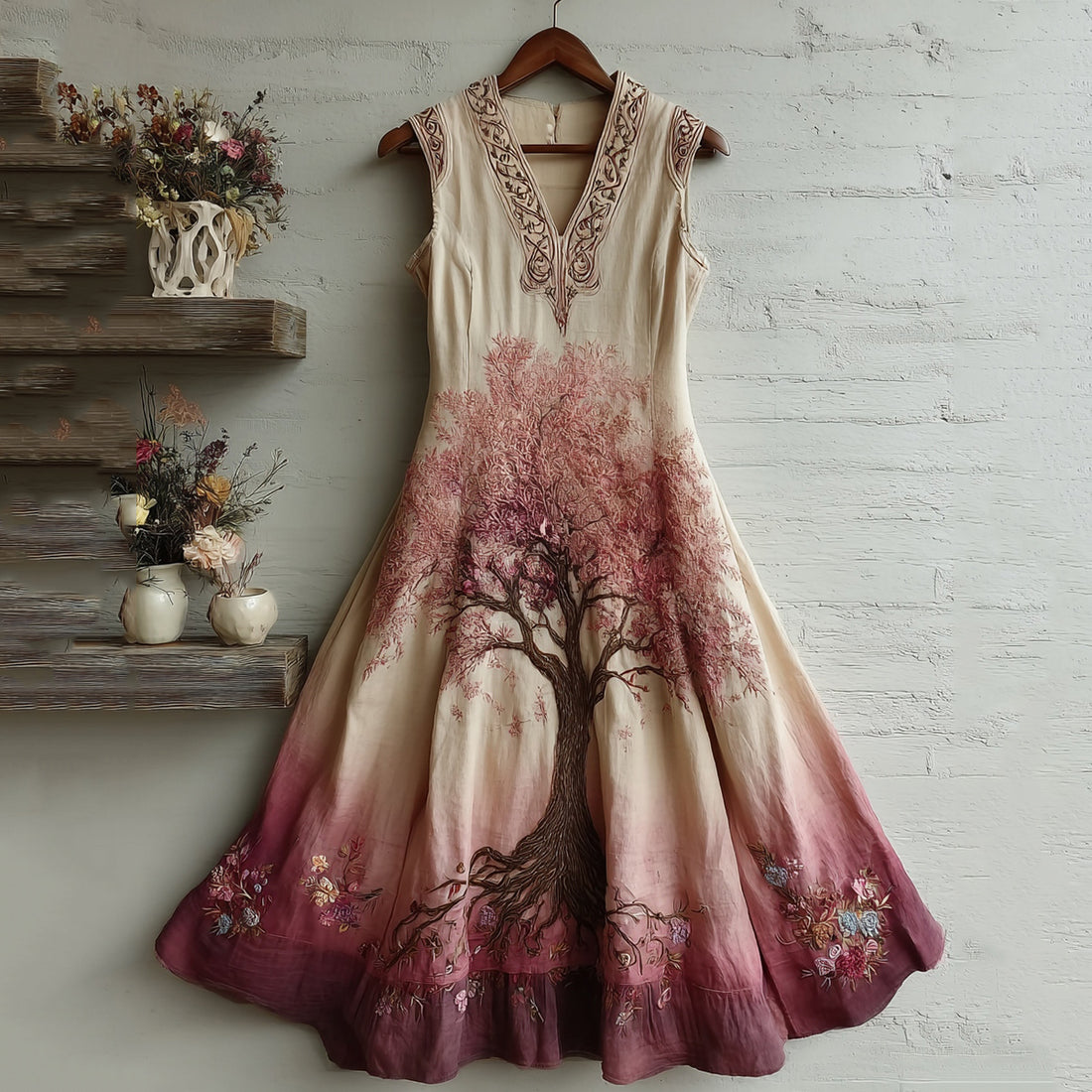Women's Tree Of Life Pink Ribbon Embroidery Tank Maxi Dress