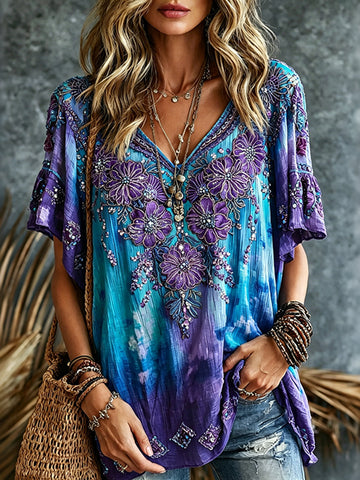 Women's Vintage Romantic Floral Art Linen Blend V Neck Short Sleeve Tops