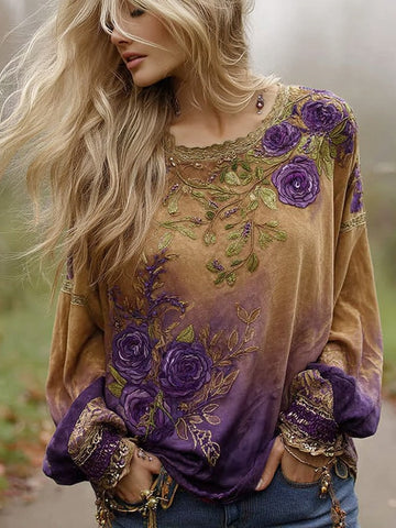 Women's Purple Floral Embroidery Gradient Casual T-shirt