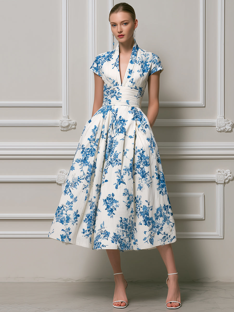 Vintage-Inspired Azure Floral Pleated Midi Dress