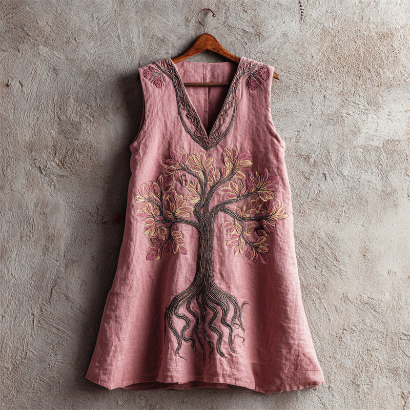 Vintage Pink Tree Of Life Embroidered Linen Tank Top