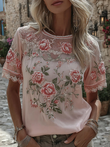 Women's Retro Floral Embroidery Casual Cotton Linen T-shirt