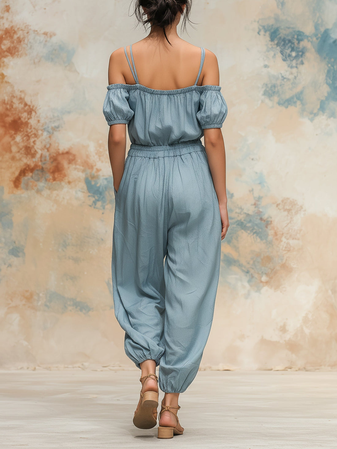 Off-the-Shoulder Puff Sleeve Balloon Leg Jumpsuit With Drawstring Waist