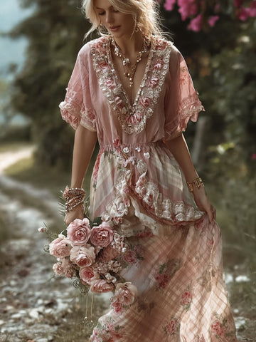 Bohème Style Retro Patchwork Plaid Skirt Rose Embroidery V-neck Dress