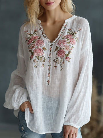 Women's Vintage Floral Embroidered Art Print Flowy Linen Blend Casual Tunic