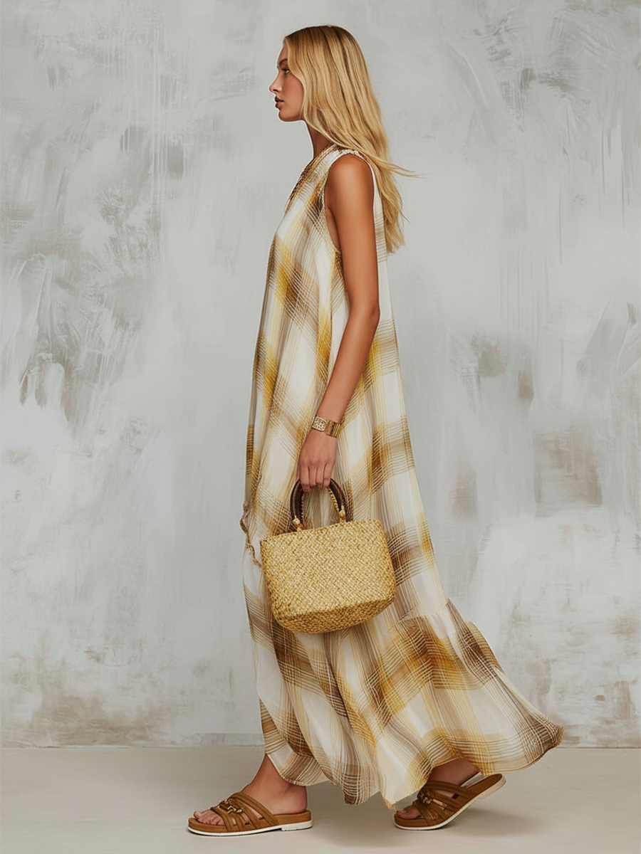Elegant Modern-Silhouetted Yellow Plaid-Print Chiffon Maxi Dress