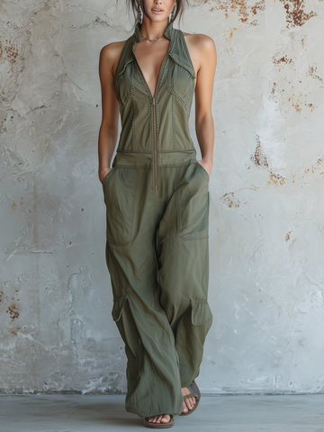 Olive Washed Denim Utility Halter Jumpsuit