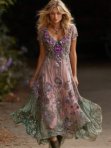 Women's Retro Purple Floral Gradient Pattern Casual Short-sleeve Dress