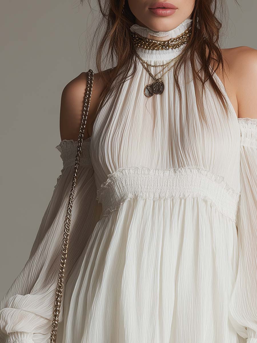 Vintage Cold-Shoulder Chiffon Mini Dress With Lace Trim
