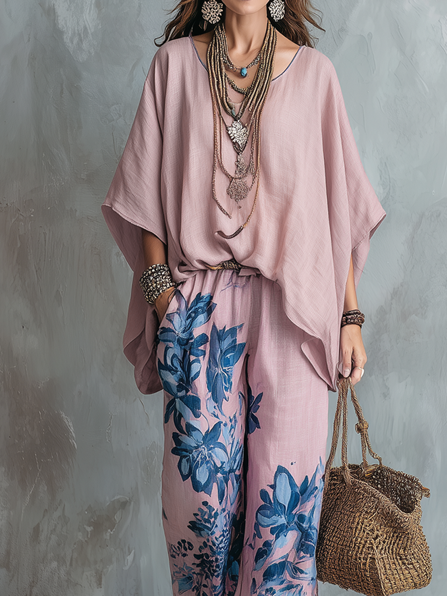 Pink Batwing Sleeve Top And Blue Floral Wide-leg Pants