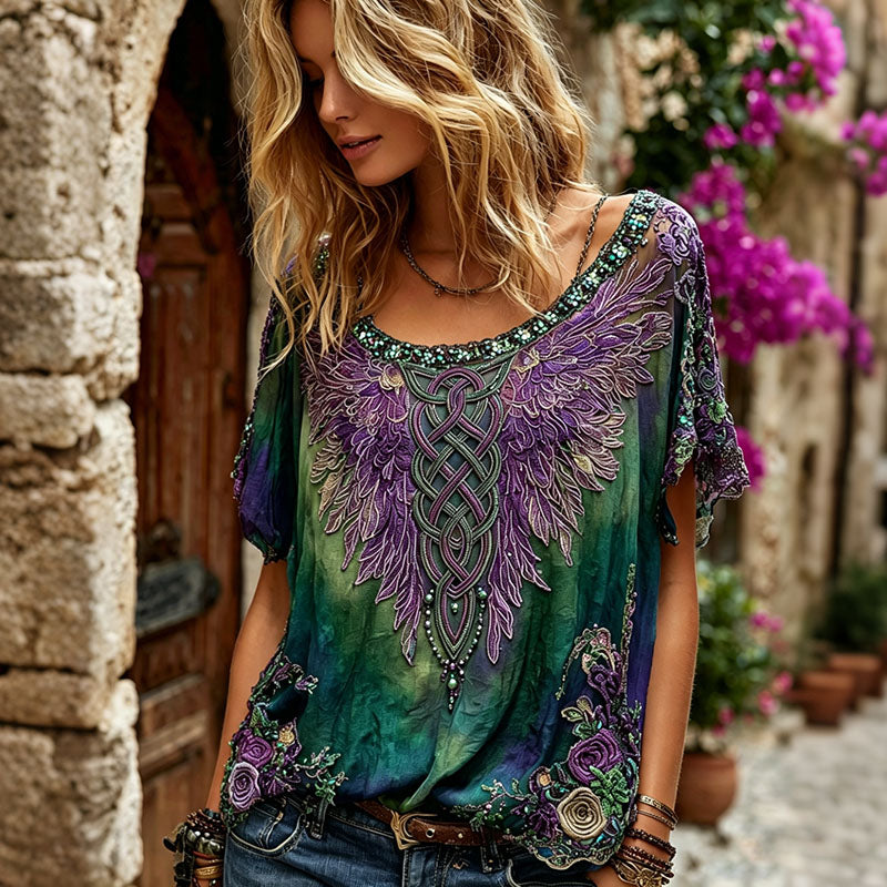 Women's Romantic Floral And Wings Art Linen Blend Round Neck Short Sleeve Tops