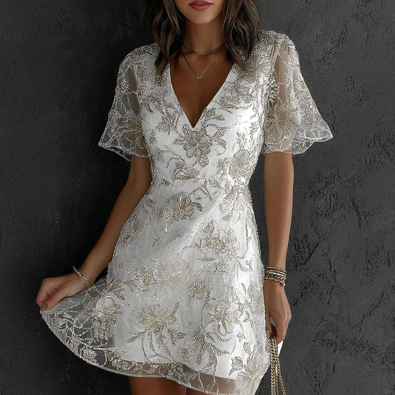 Women's Floral Art Embroidery Casual Linen Blend V-neck Mini Dress