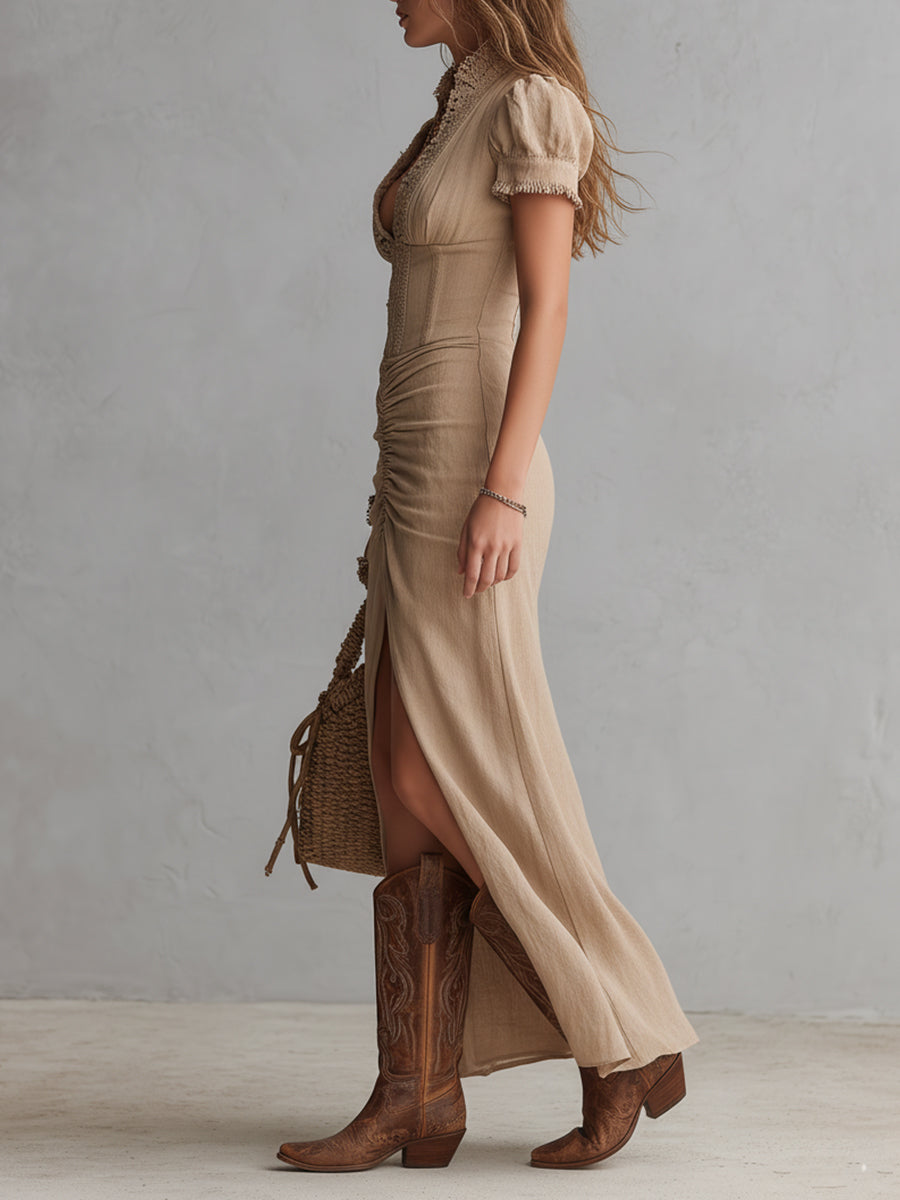 Urban Nomad Lace-Trimmed Front-Slit Cotton-Linen Maxi Dress