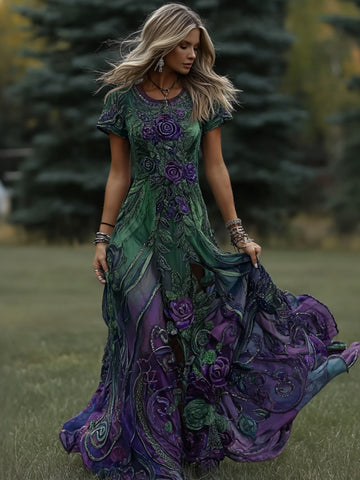 Women's Vintage Floral Gradient Art Crew Neck Maxi Dress