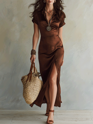 Elegant Mocha Satin Slim Fit Midi Dress With V-Neck Collar