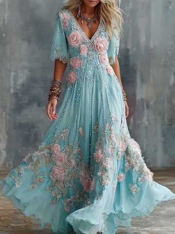 Women's Vintage Rose Floral Art Linen Blend V Neck Maxi Dress