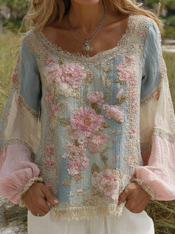Women's Floral Embroidered Round Neck Comfortable Top