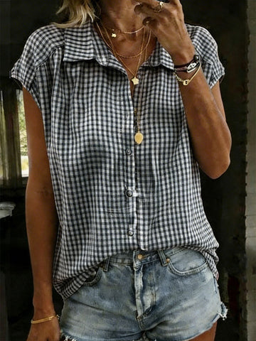 Retro Plaid Lapel Collar Short-sleeve Shirt