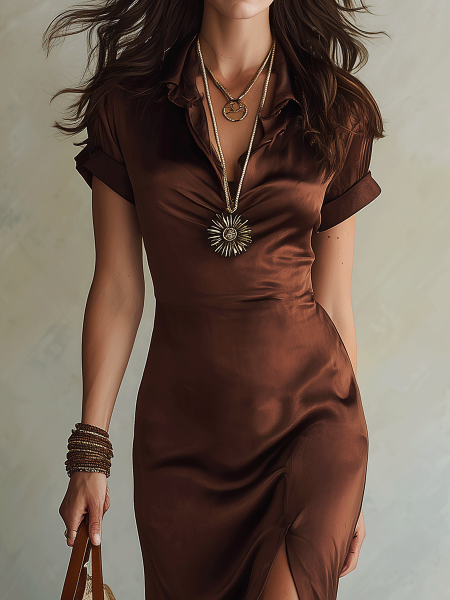 Elegant Mocha Satin Slim Fit Midi Dress With V-Neck Collar