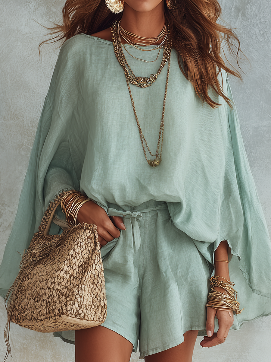 Mint Green Linen Batwing Sleeve Short Suit