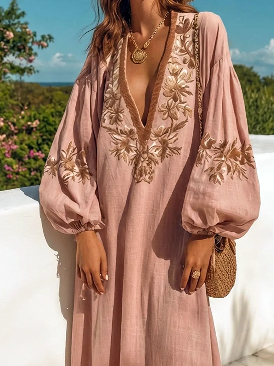 Women's Retro Ethnic Floral Art Casual Long Sleeve Maxi Dress