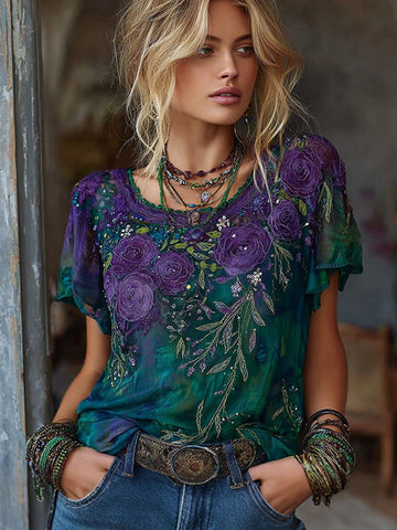 Women's Retro Floral Art Embroidery Casual Cotton Linen T-shirt