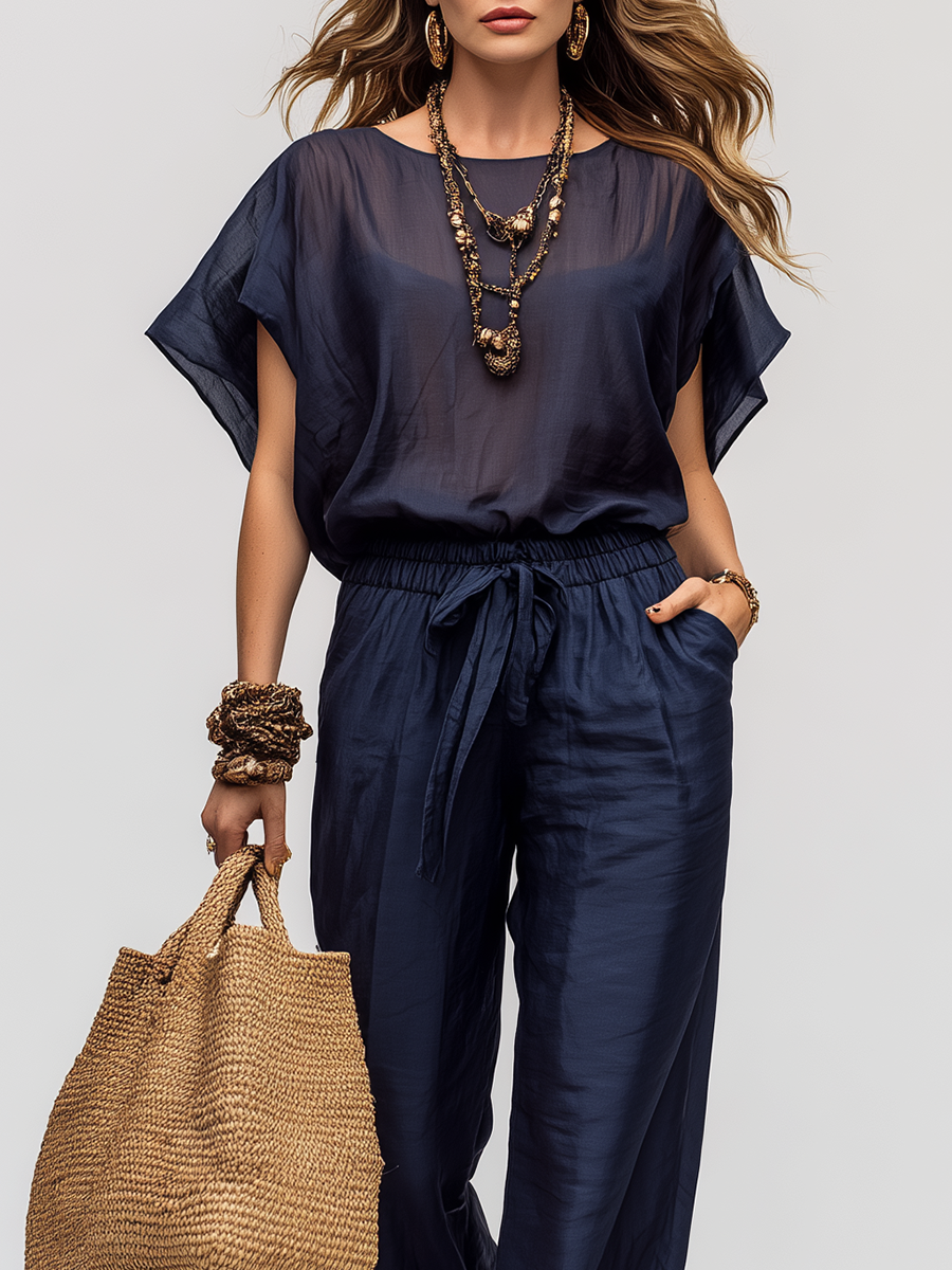 Resort-style Navy Blue Batwing Sleeve Wide-leg Suit